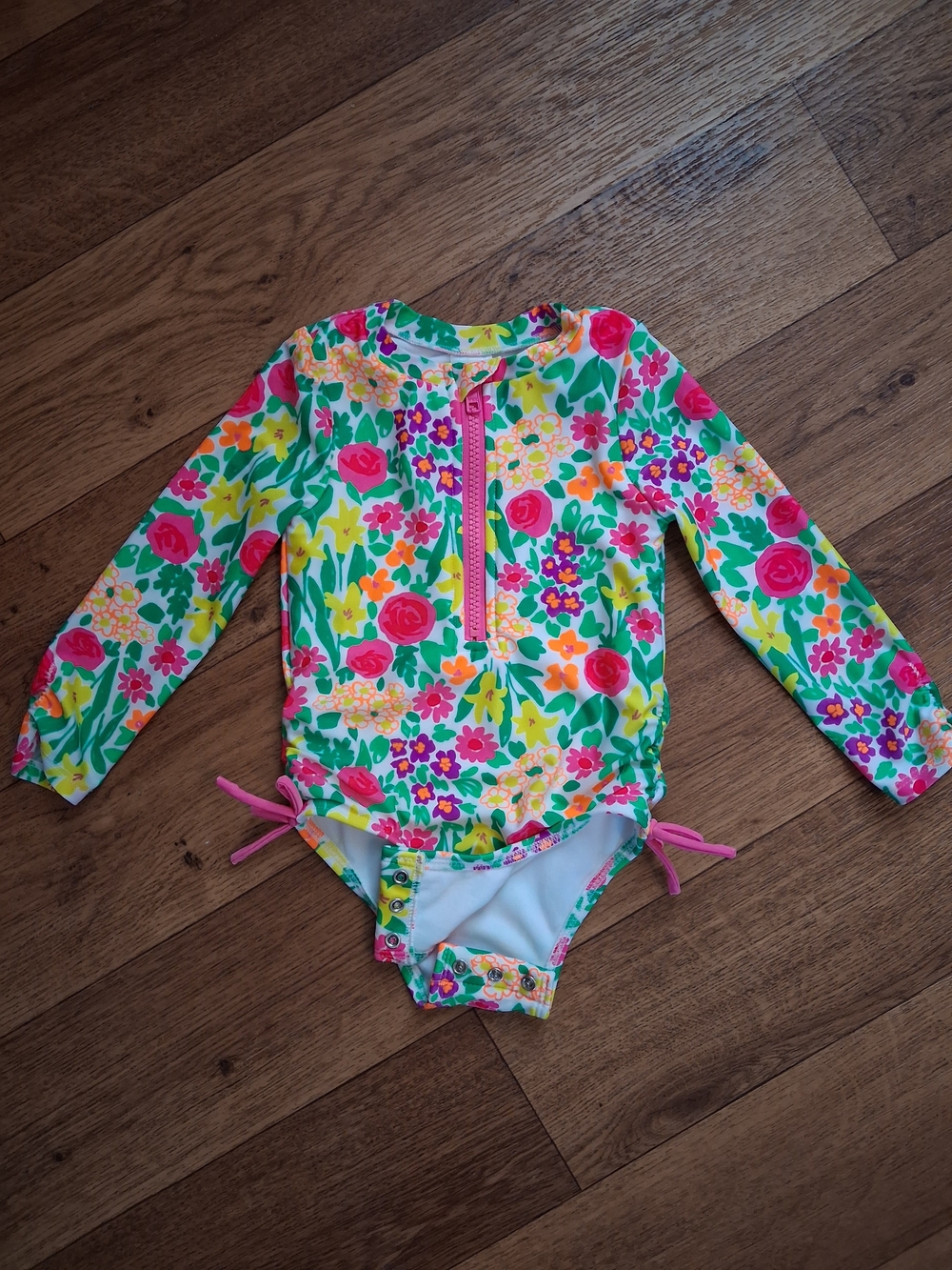 Kids Floral Long-Sleeve One-Piece Swimsuit - Pink & Green
